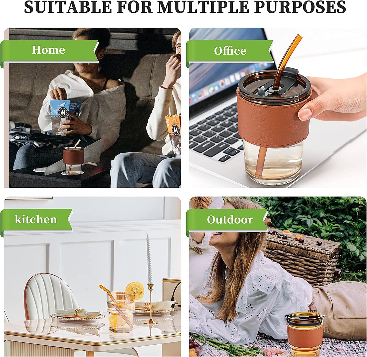 Cup Sipper Glass with Straw, Mug with Lid, Tumbler (Silicone Straw) (Design 1, Pack of 2)