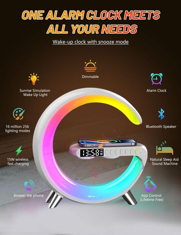 Wireless G Speaker with Wireless Charging | Desk Lamp Bedside Night Light, Smart Light, Sound Machine, and Stylish Bedroom Home Decor