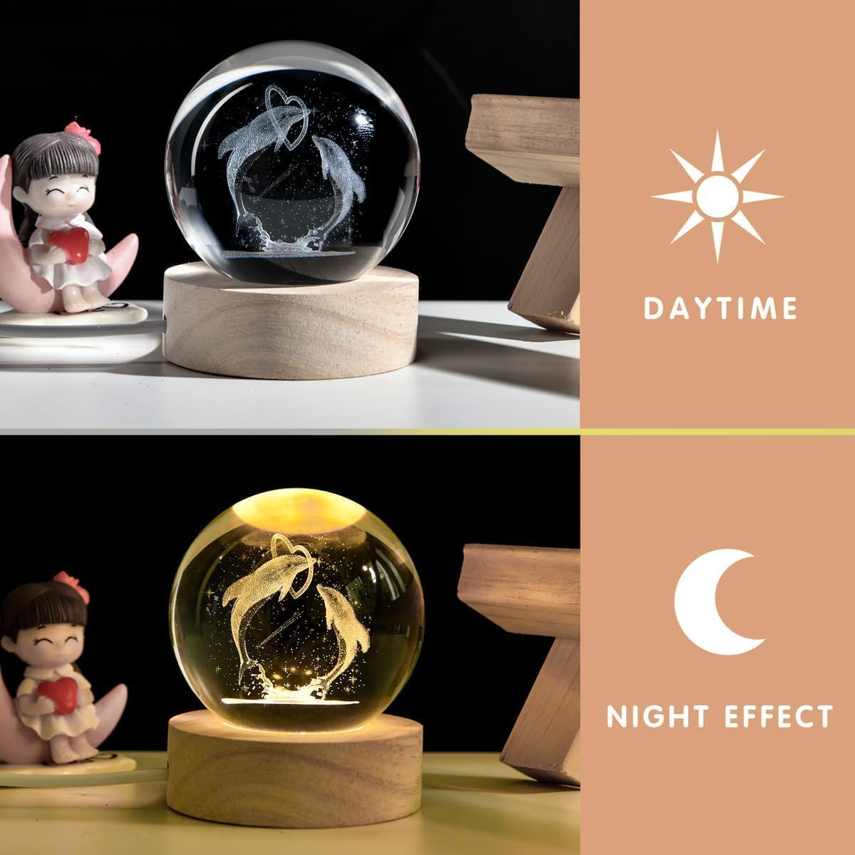 3D Galaxy Crystal Ball Night Light | Dimmable Engraved LED Glass Ball (Dolphin)
