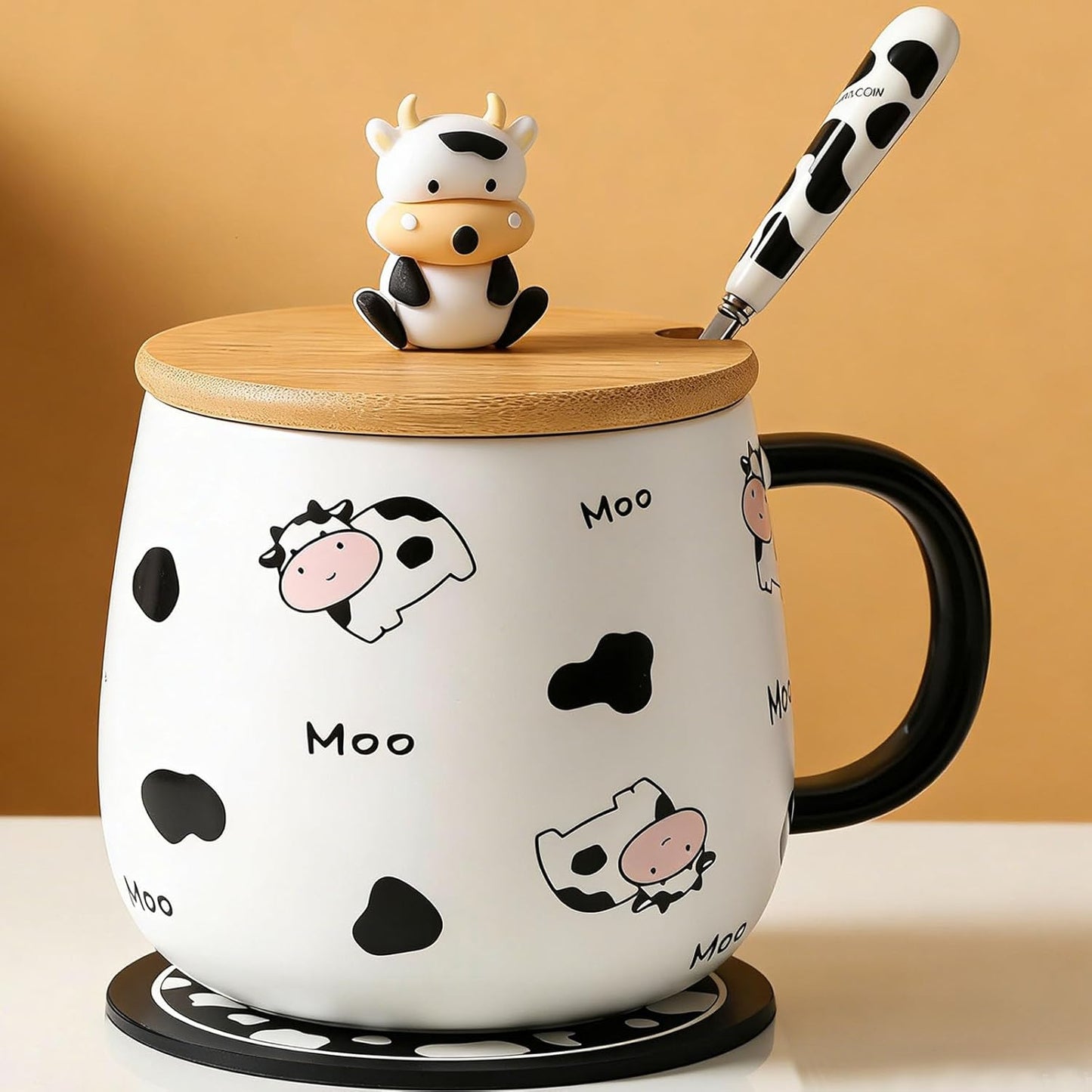 Cute Cow Coffe Mug with Lid and Spoon Cows Print Stuff Gift 400ml